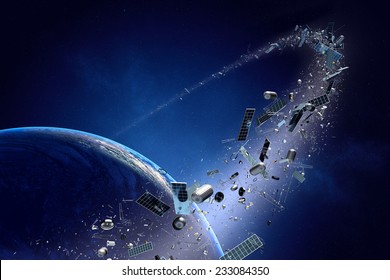 Weltraumschrott um die Erde - Konzept der Verschmutzung um unseren Planeten (von der NASA bereitgestellte "Texturkarte für 3D")