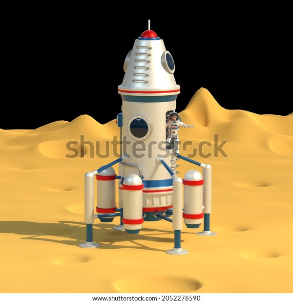 Space lander with astronaut on the surface of the\
moon. Spaceship on the planet surface with craters. 3d\
illustration, 3d\
render