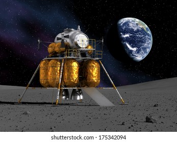 Space Lander On The Planet. 3D Scene. Elements Of This Image Furnished By NASA. 