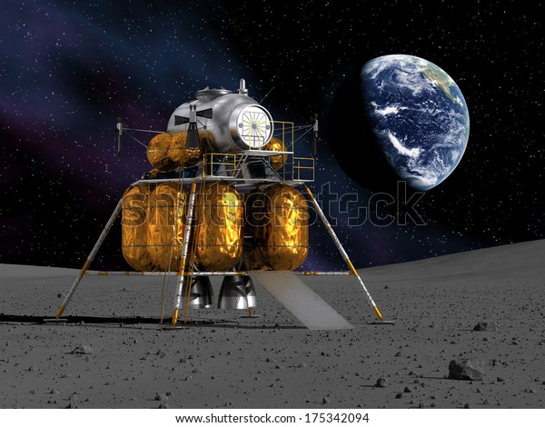 Space Lander On The Planet. 3D Scene. Elements of\
this image furnished by NASA.\

