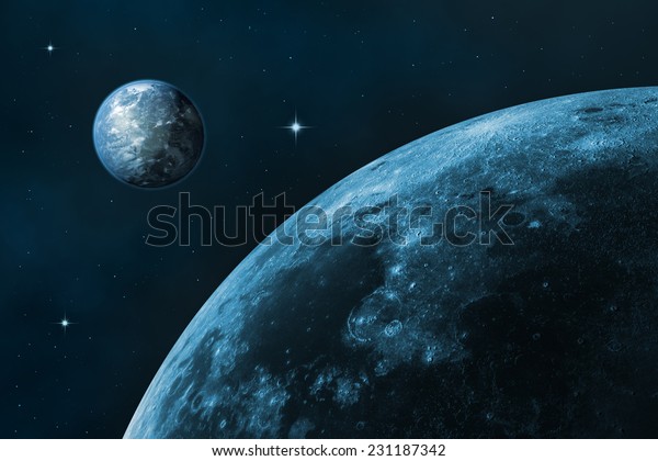 Space landscape (earth\
and moon). Blue starry sky. In the creation of 3D-image textures\
used by NASA.