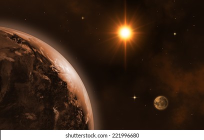 Space Landscape (earth, Sun, Moon). Sunrise. 3D Image. 