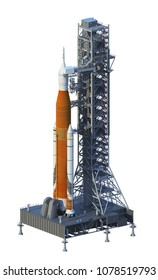 Space Launch System On Launchpad Over White Background. 3D Illustration.