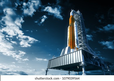 Space Launch System On Launchpad Over Background Of Sky. 3D Illustration.