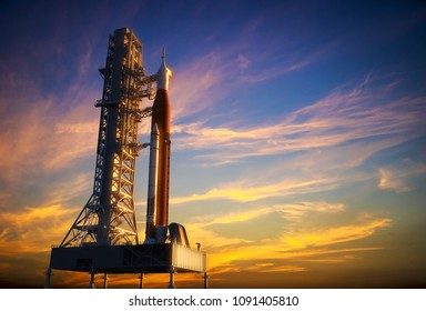 Space Launch System On Launchpad Over Background Of Red Clouds. 3D Illustration.
