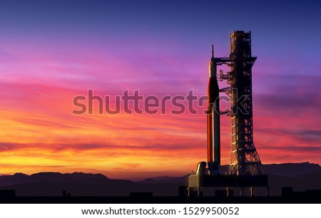Space Launch System On Launchpad Over Background Of Pink Clouds. 3D Illustration.