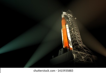Space Launch System In The Rays Of Spotlights. 3D Illustration.