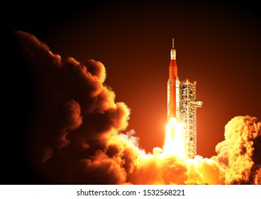 Space Launch System Takes Off At Night. 3D Illustration.