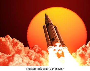 Space Launch System Takes Off On The Background Of Sunrise. 3D Scene. 