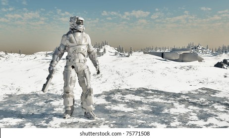 Space Marine And Dropship On A Frozen Ice Planet, 3d Digitally Rendered Illustration