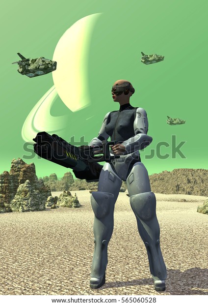 space marine with heavy weapons\
patrolling the desert surface of an alien planet, 3d\
illustration