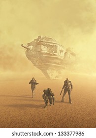 Space Marine Trackers Following A Trail On A Desert Planet, 3d Digitally Rendered Illustration