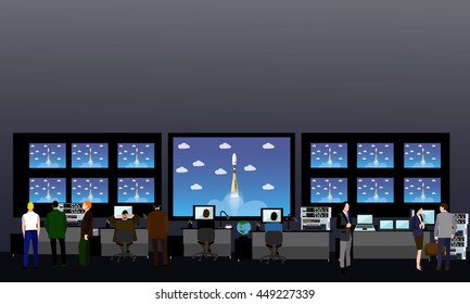 Space Mission Control Center. Rocket Launch Illustration.