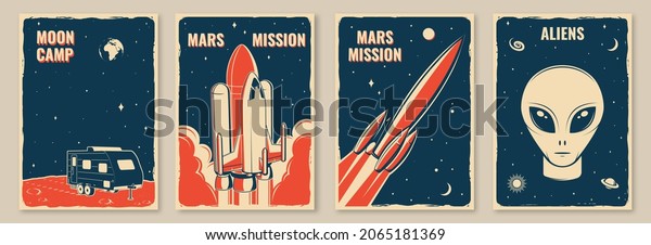 Space mission posters, banners, flyers. \
Concept for shirt, print, stamp. Vintage typography design with\
space rocket, alien and camper\
silhouette.
