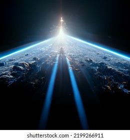 Space Panoramic Landscape. Stars, Galaxies, Universe With Cinematic Light And Epic Background. Concept Art, Light Across Space  Infinity. Outer Space Travel, Photo Realistic, Space Route