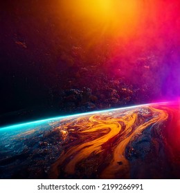 Space Panoramic Landscape. Stars, Galaxies, Universe With Cinematic Light And Epic Background. Concept Art, Light Across Space  Infinity. Outer Space Travel, Photo Realistic, Vibrant Colors.