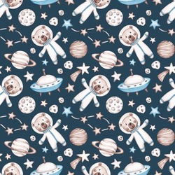 Space Pattern Isolated On Blue Background. Hand Drawn By Watercolor. Cute Kids Design In Cartoon Style. Planets, Rocket, Stars, Space Objects, Bears. Digital Paper For Boys