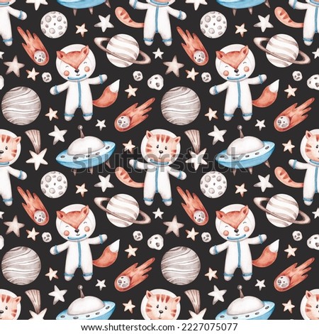 Space pattern isolated on blue background. Hand drawn by watercolor. Cute kids design in cartoon style. Planets, rocket, stars, space objects, fox, cat. Digital paper for boys