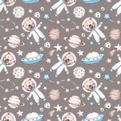 Space Pattern Isolated On Brown Background. Hand Drawn By Watercolor. Cute Kids Design In Cartoon Style. Planets, Rocket, Stars, Space Objects, Bears. Digital Paper For Boys