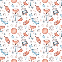 Space Pattern Isolated On White Background. Hand Drawn By Watercolor. Cute Kids Design In Cartoon Style. Planets, Rocket, Stars, Space Objects, Fox, Cat. Digital Paper For Boys