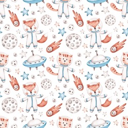 Space Pattern Isolated On White Background. Hand Drawn By Watercolor. Cute Kids Design In Cartoon Style. Planets, Rocket, Stars, Space Objects, Fox. Digital Paper For Boys