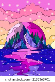 Space Planet, New Life On The Planet, Magical Waterfall, The Moon In A Pink Background And A Fairy-tale Waterfall