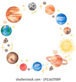 Space Planet Wreath Clipart. Watercolor Solar System Illutration, Moon, Galaxy Frame Clip Art, Earth