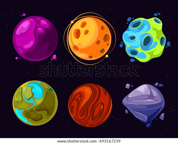 Space planets, asteroid, moon, fantastic world\
game cartoon icons. Color asteroid and planet, illustration\
fantastic universe with cartoon\
planets