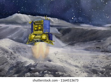 Space Probe Landing On Moon Surface Illustration Luna 25 Luna-Glob Lander. Picture