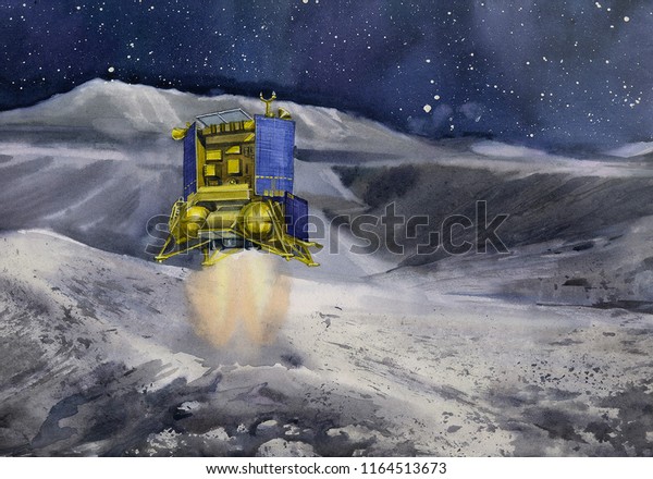 Space probe landing on moon surface\
illustration Luna 25 Luna-Glob lander.\
Picture