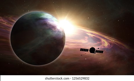 Space probe orbiting and explore distant solar system and exoplanets. Realistic universe satellite travel light-years from earth 3D illustration.