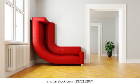 Space Problem In The Too Small Room With Sofa Bent Space-saving On The Wall (3d Rendering)