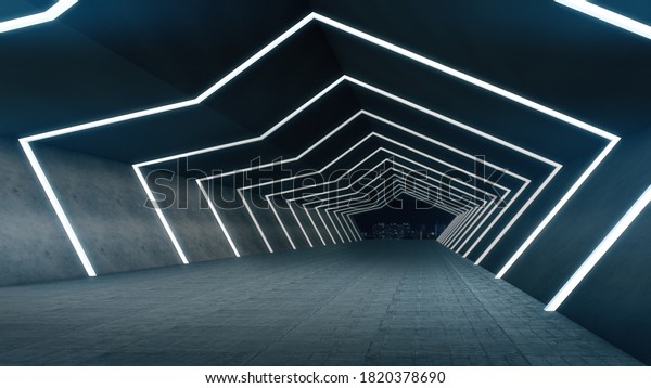 Space for product show in a long corridor with
light glow. 3D
rendering.