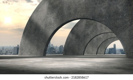 Space for products showcases in the concrete hallway with the city in the evening background.3d rendering. - Shutterstock ID 2182858617