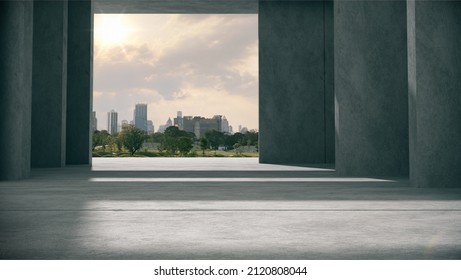 Space for products is shown in the concrete hallway with a park background.3D rendering. - Shutterstock ID 2120808044