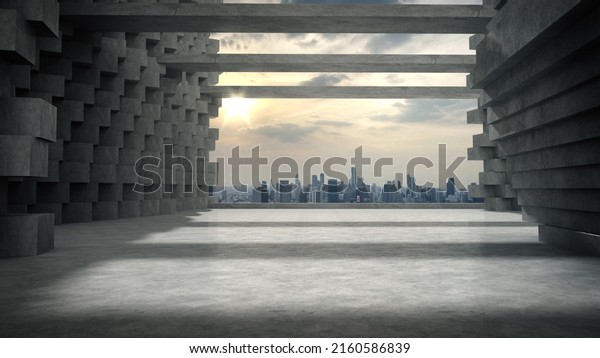 Space for products is\
shown in the concrete hallway with the city in the evening\
background.3D\
rendering.