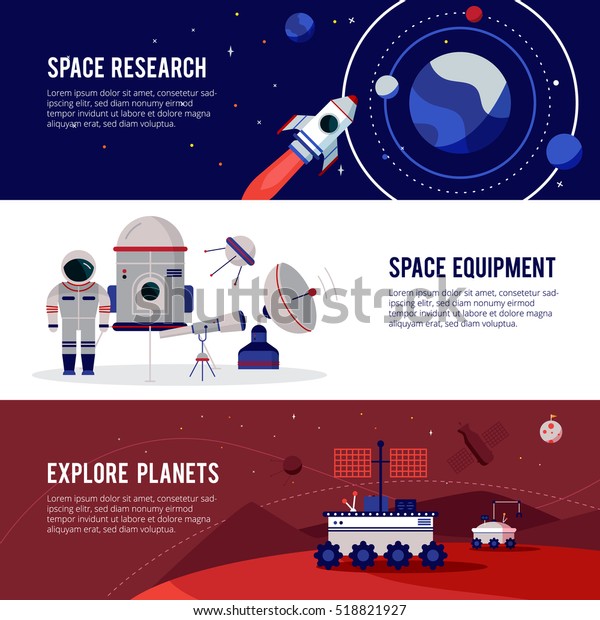 Space research equipment for planets and\
stars exploration 3 flat horizontal banners set abstract isolated \
illustration
