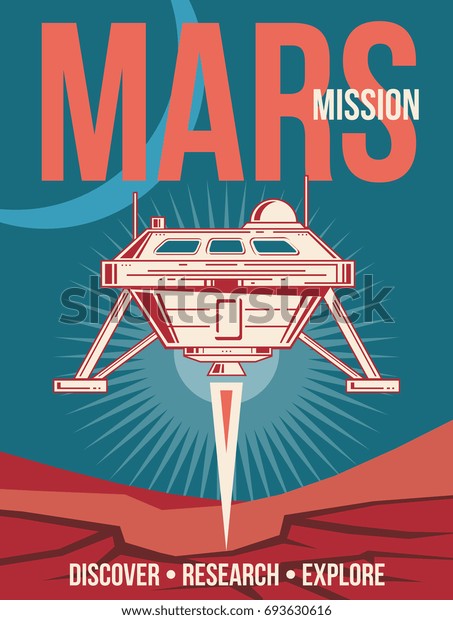 宇宙研究ポスター 火星のビンテージ背景に宇宙船の着陸 火星の植民地化と探査 ポスター火星ミッションのイラスト のイラスト素材