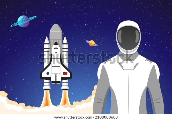 Space rocket launch and flies Astronaut\
exploring outer space. Cosmonaut in\
spacesuit