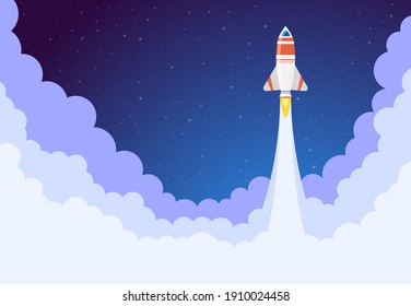 Space Rocket Launch. Flying Spacecraft Ship, Aerospace Shuttle Start, Aerospace Rocket Launching. Development Concept  Illustration. Illustration Launch Rocket, Spaceship Flight