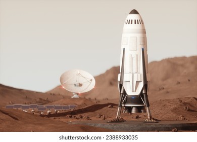 Space rocket on the surface of Mars. Colonization of Mars, Martian surface and base, building a colony on Mars. Conquering new horizons in space, thermoforming of Mars. 3D image, 3D illustration.