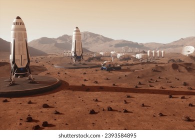 Space rocket on the surface of Mars. Colonization of Mars, Martian surface and base, building a colony on Mars. Conquering new horizons in space, thermoforming of Mars. 3D image, 3D illustratio