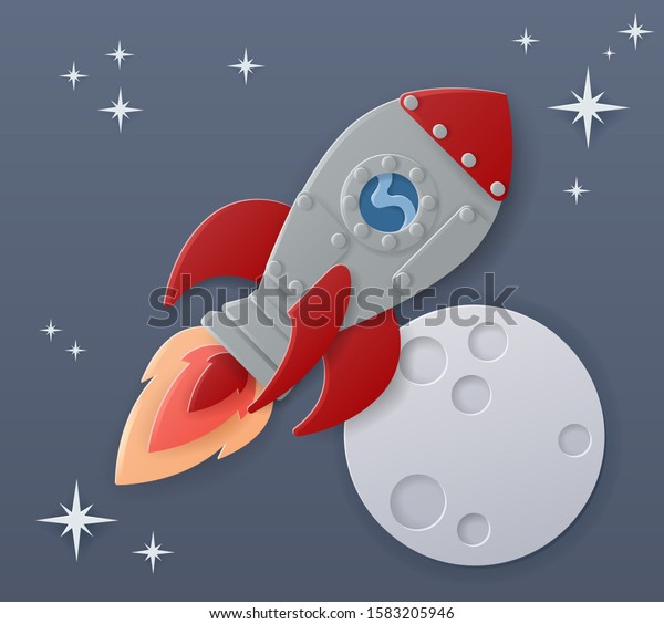 A space rocket ship in cartoon paper craft style\
flying in front of a\
moon