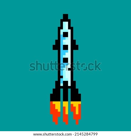 Space rocket start launch pixel art spaceship pixel image isolated on teal color square background illustration for computer game icon, print