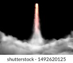Space rocket takeoff track. Spaceship fly rockets launch smoke cloud. Rocket smoke blast fire steam or spaceship vapor burst. Isolated realistic  illustration