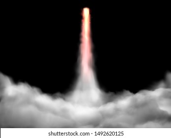 Space Rocket Takeoff Track. Spaceship Fly Rockets Launch Smoke Cloud. Rocket Smoke Blast Fire Steam Or Spaceship Vapor Burst. Isolated Realistic  Illustration