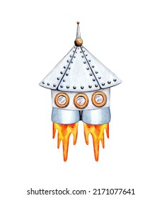 Space Rocket Watercolor. Traveling Astronaut On A Ship Across The Universe. UFO. Cute Alien Guest Transport. Celestial Flight. Hand Drawn Illustration Isolated Element On White Background.