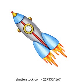 Space Rocket Watercolor. Traveling Astronaut On A Ship Across The Universe. UFO. Cute Alien Guest Transport. Celestial Flight. Hand Drawn Illustration Isolated Element On White Background.