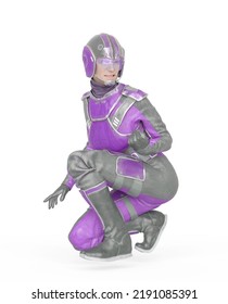 Space Runner Girl Is Crouching And Looking Back In Anger, 3d Illustration