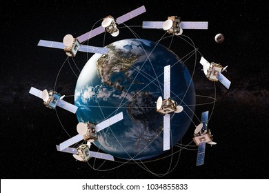 Space satellites in orbits around the Earth Globe, 3D rendering, Elements of this image furnished by NASA